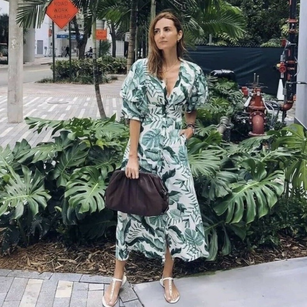 H&M x Johanna Ortiz White Green Leaf Linen Dress